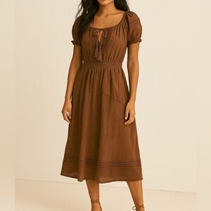 NWT Chaudry KC by Raga Elegant Cotton Boho Brown Midi Dress with Lace datails